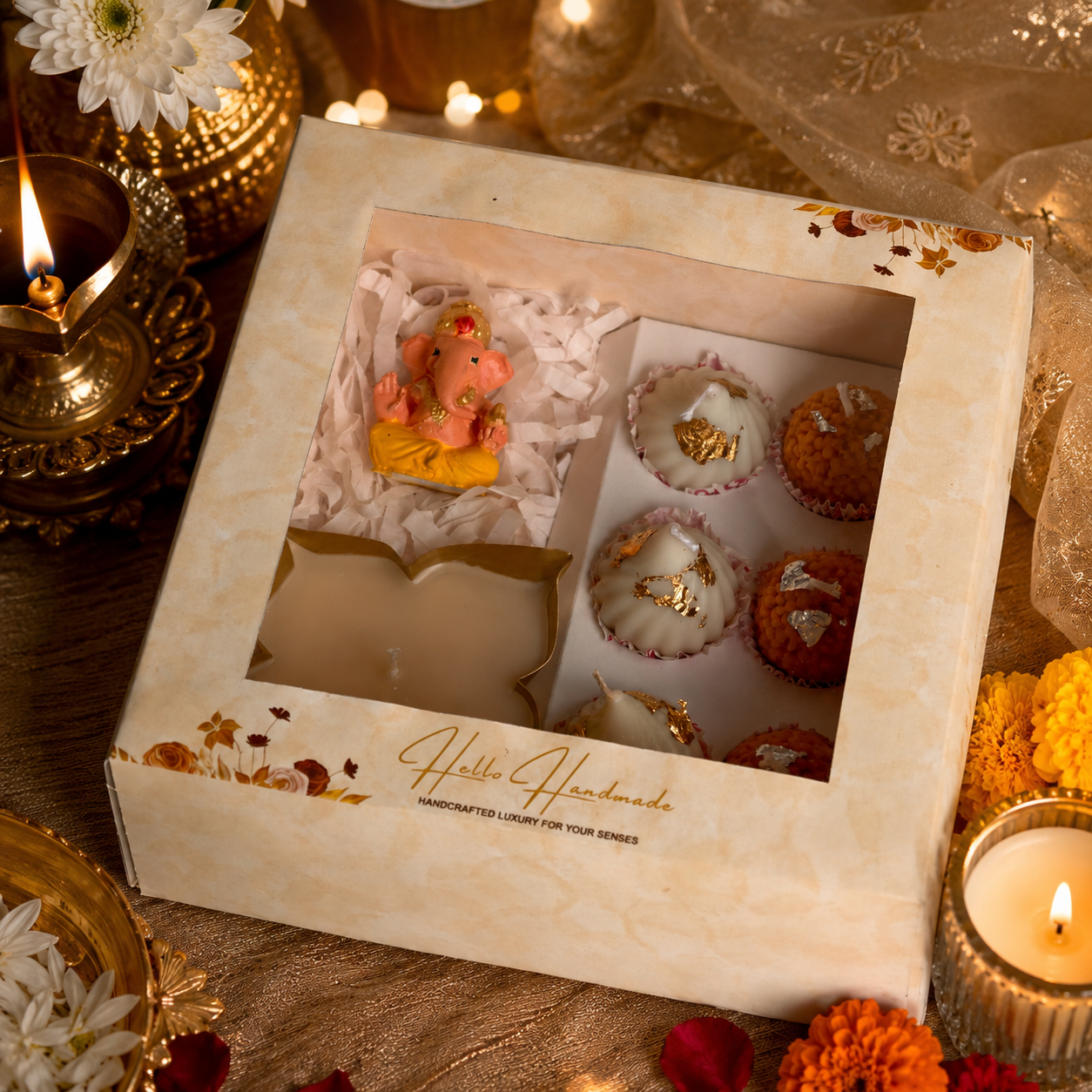 Hand Painted Ganesh & Scented Sweet Candle Hamper | Festive Gift Box with Modak & Laddoo Candles