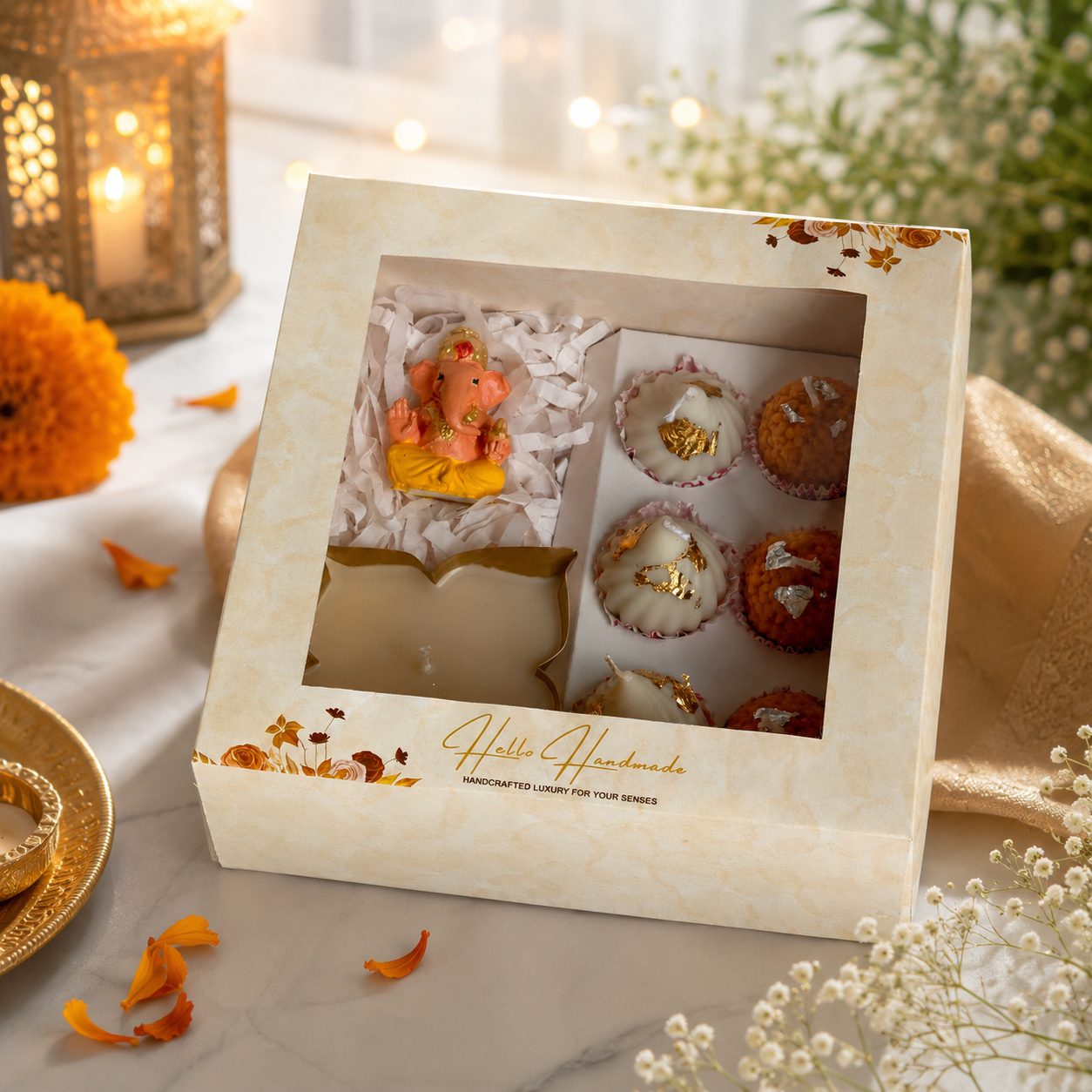 Hand Painted Ganesh & Scented Sweet Candle Hamper | Festive Gift Box with Modak & Laddoo Candles