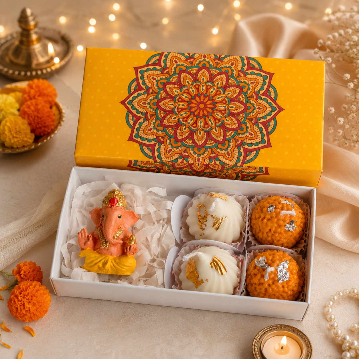 Hand Painted Ganesh & Scented Mithai Candle Hamper