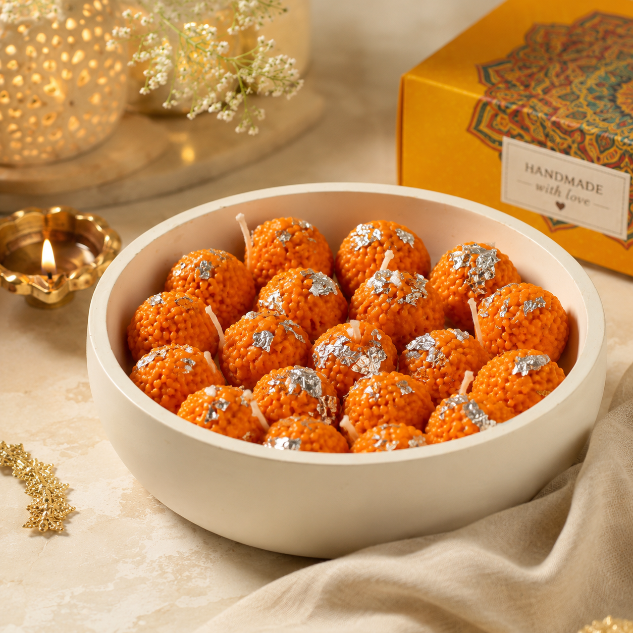 Motichoor Laddoo Concrete Bowl Candle | Handmade Festive Scented Candle