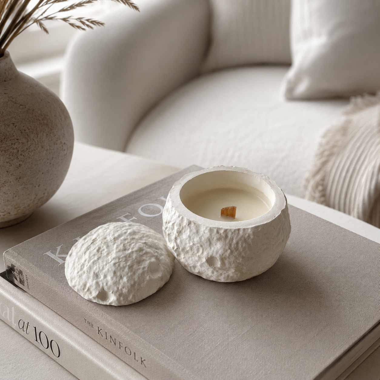 Moon Crater Reusable Concrete Candle with Lid | Handmade Scented Candle in Decorative Concrete Jar | Refillable Home Décor Candle