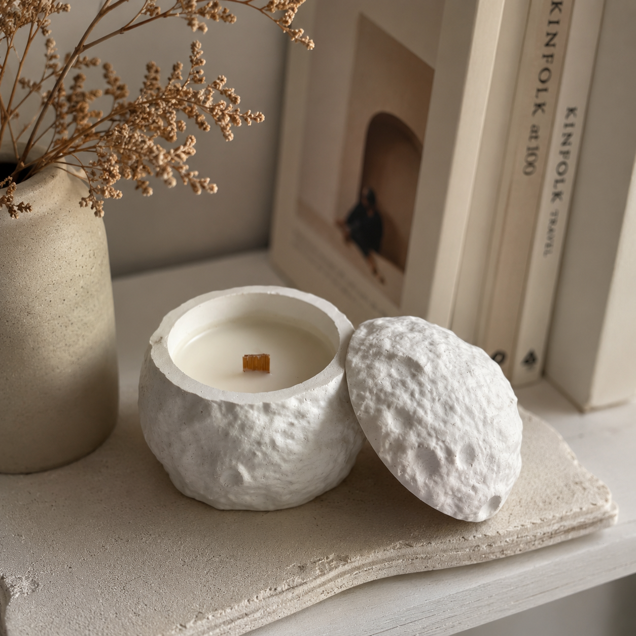 Moon Crater Reusable Concrete Candle with Lid | Handmade Scented Candle in Decorative Concrete Jar | Refillable Home Décor Candle