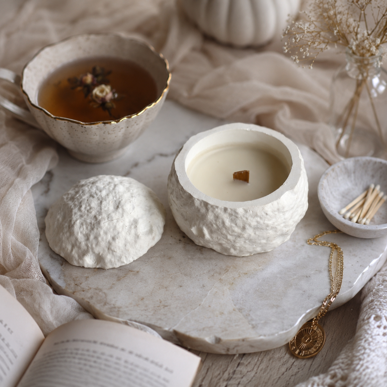 Moon Crater Reusable Concrete Candle with Lid | Handmade Scented Candle in Decorative Concrete Jar | Refillable Home Décor Candle