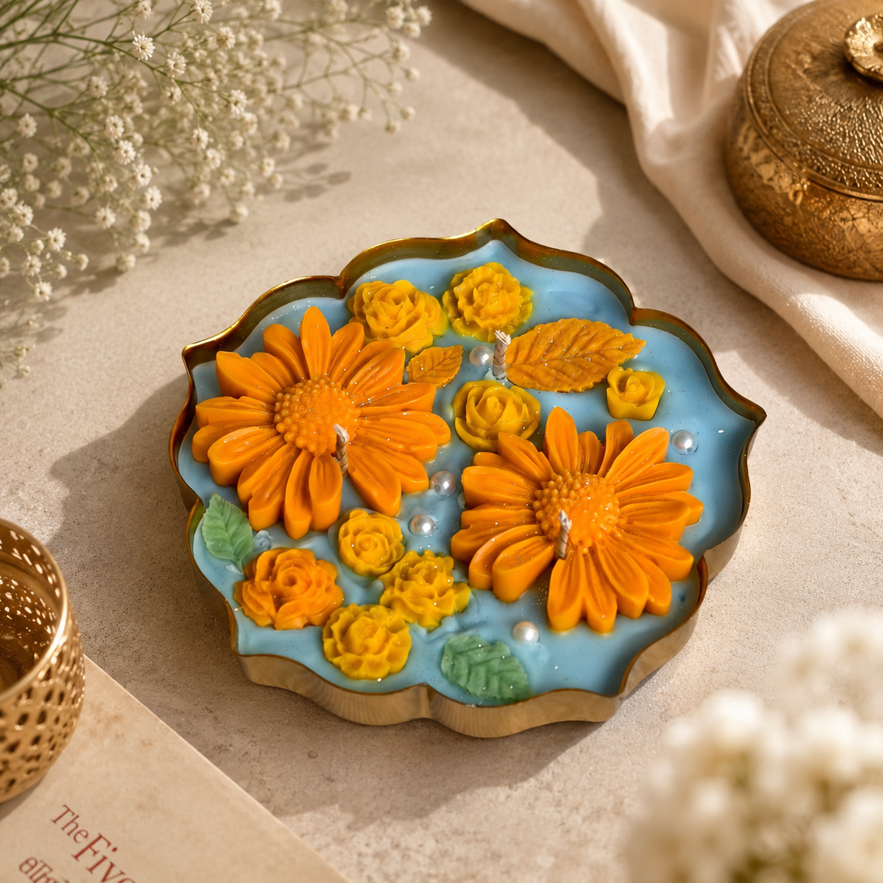 Sunflower Floral Candle in Brass Urli | Handmade Decorative Candle