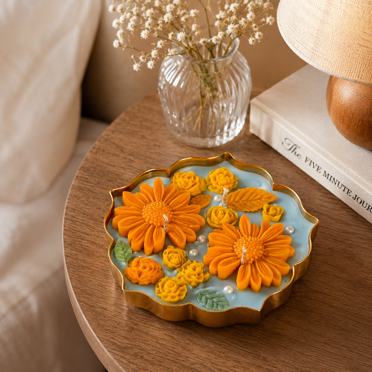Sunflower Floral Candle in Brass Urli | Handmade Decorative Candle