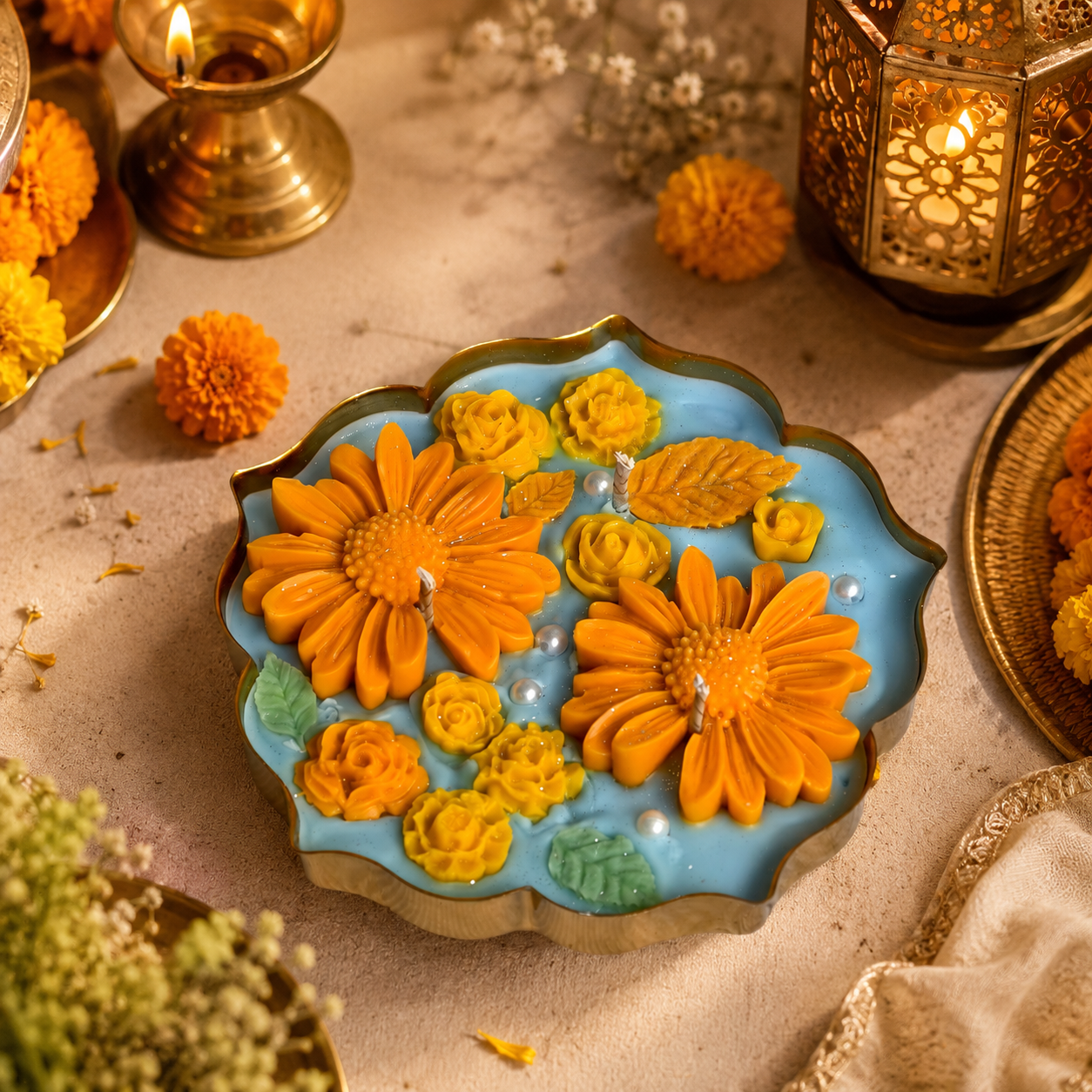 Sunflower Floral Candle in Brass Urli | Handmade Decorative Candle