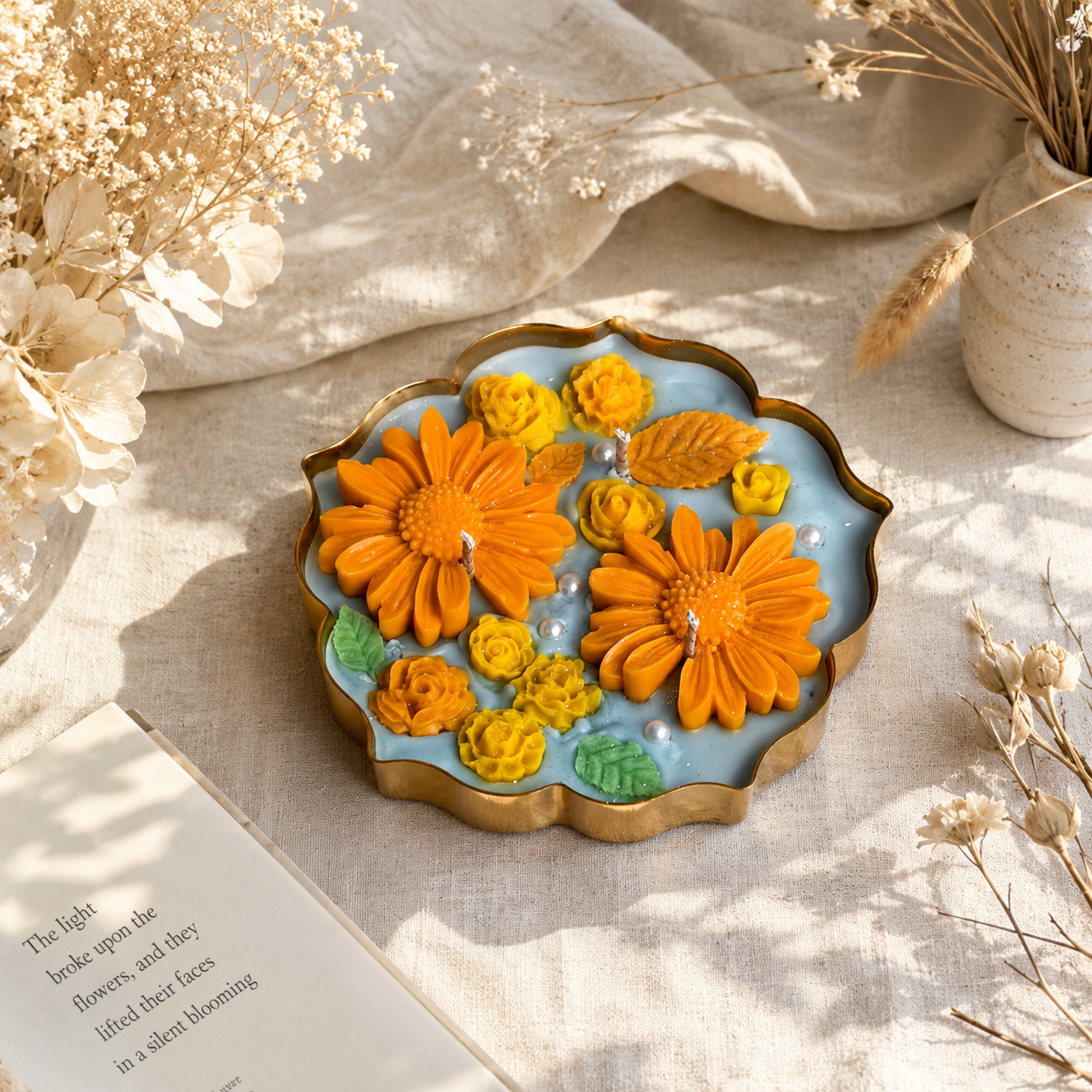 Sunflower Floral Candle in Brass Urli | Handmade Decorative Candle