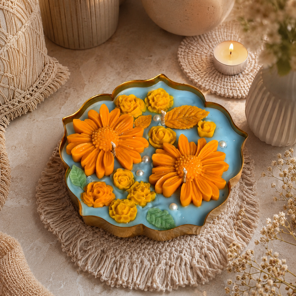 Sunflower Floral Candle in Brass Urli | Handmade Decorative Candle