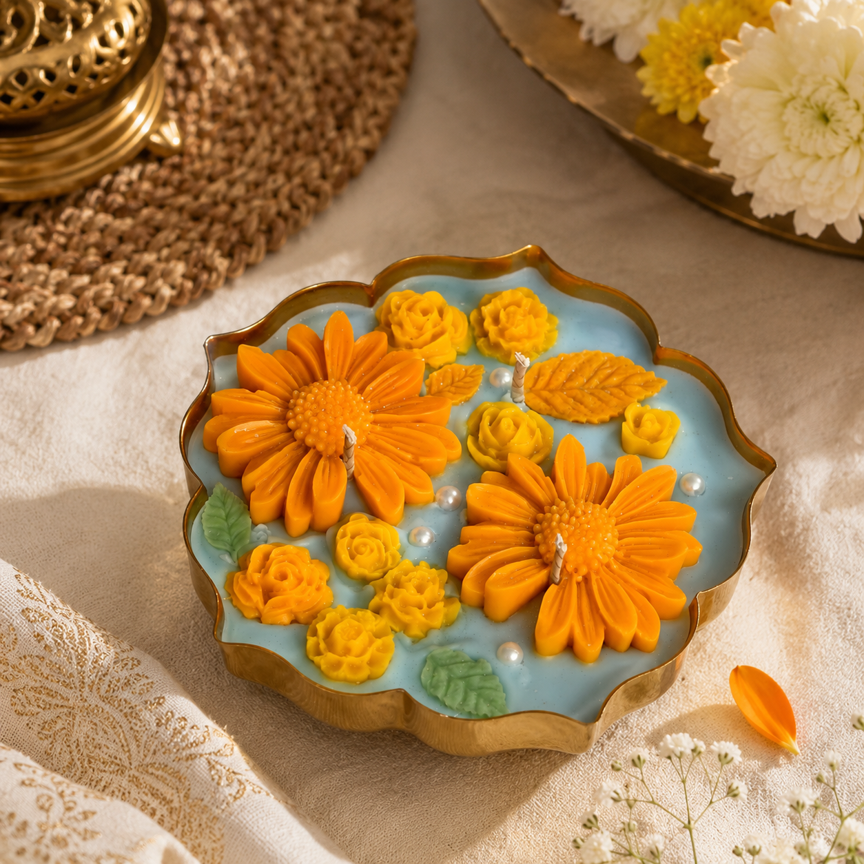 Sunflower Floral Candle in Brass Urli | Handmade Decorative Candle