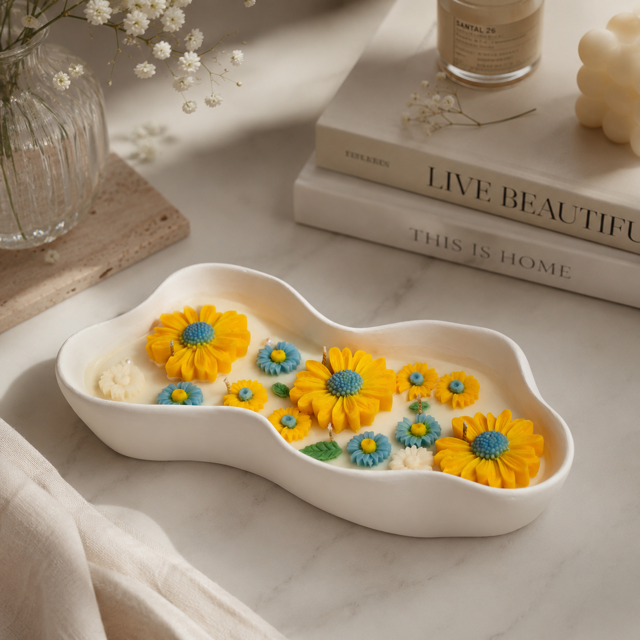 Sunflower Floral Handmade Candle | Decorative Soy Wax Bowl Candle