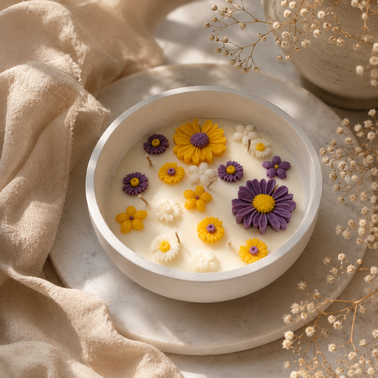 Floral Concrete Bowl Candle | Handmade Decorative Flower Candle for Home Décor & Gifting