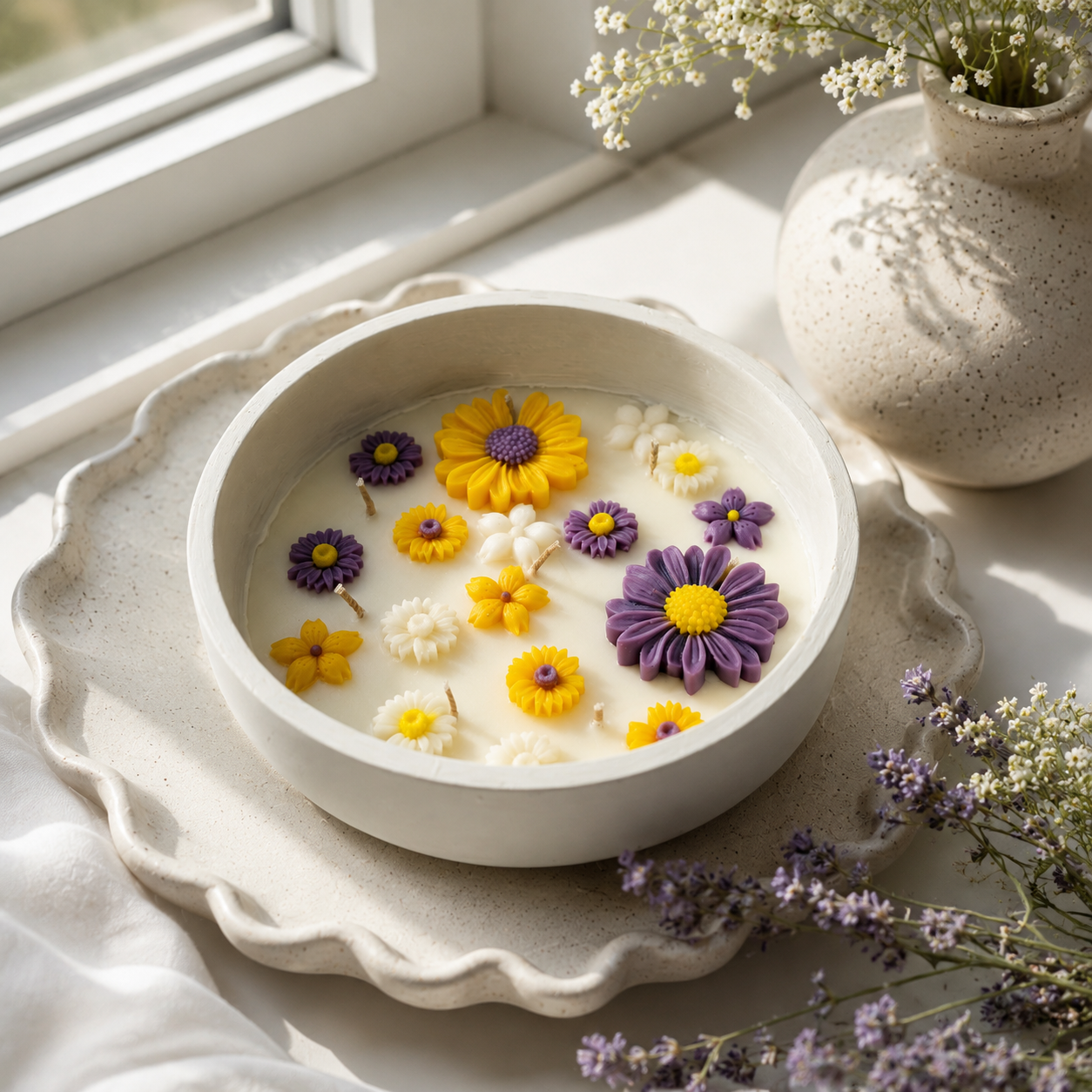 Floral Concrete Bowl Candle | Handmade Decorative Flower Candle for Home Décor & Gifting