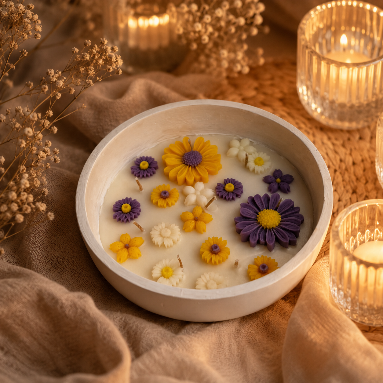 Floral Concrete Bowl Candle | Handmade Decorative Flower Candle for Home Décor & Gifting