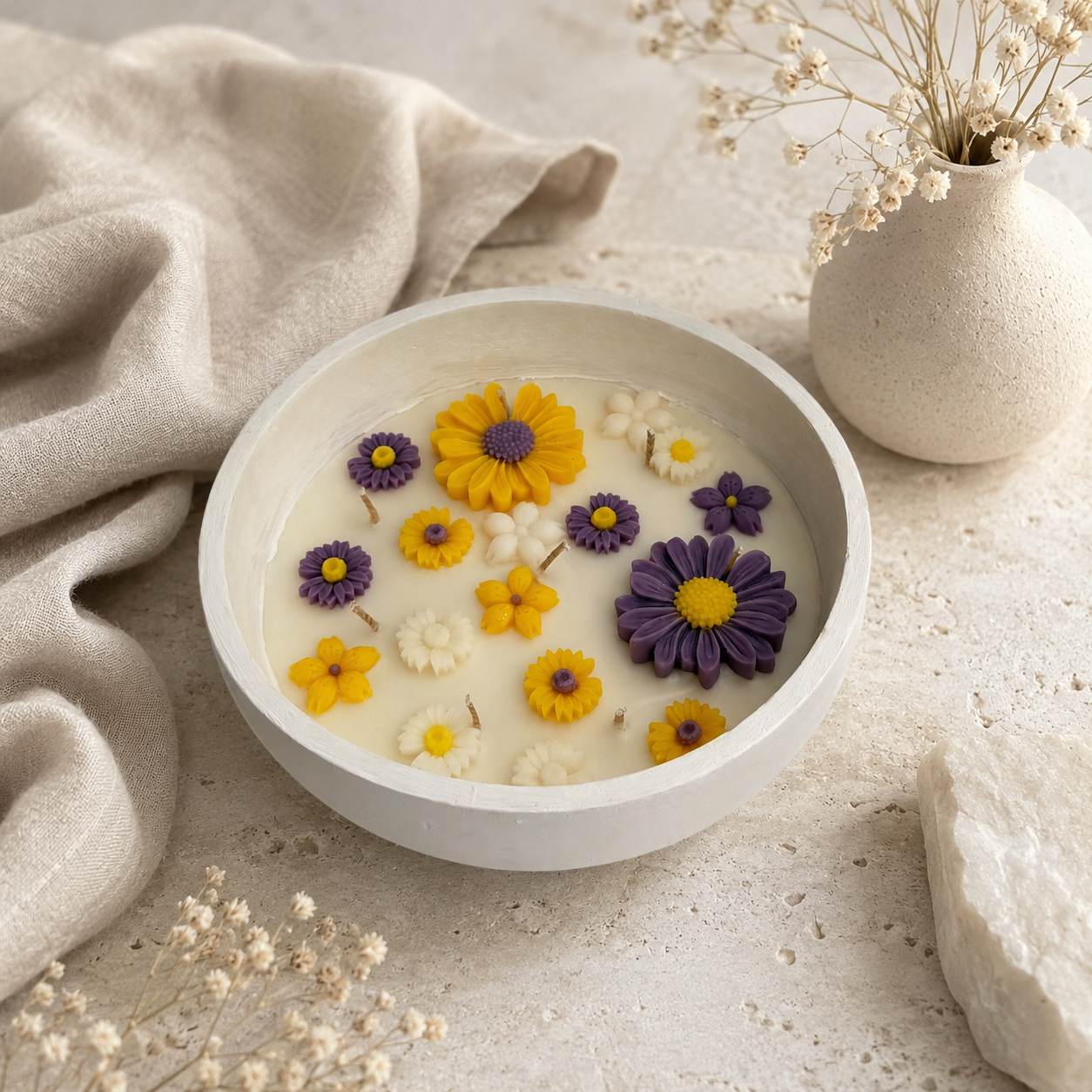 Floral Concrete Bowl Candle | Handmade Decorative Flower Candle for Home Décor & Gifting