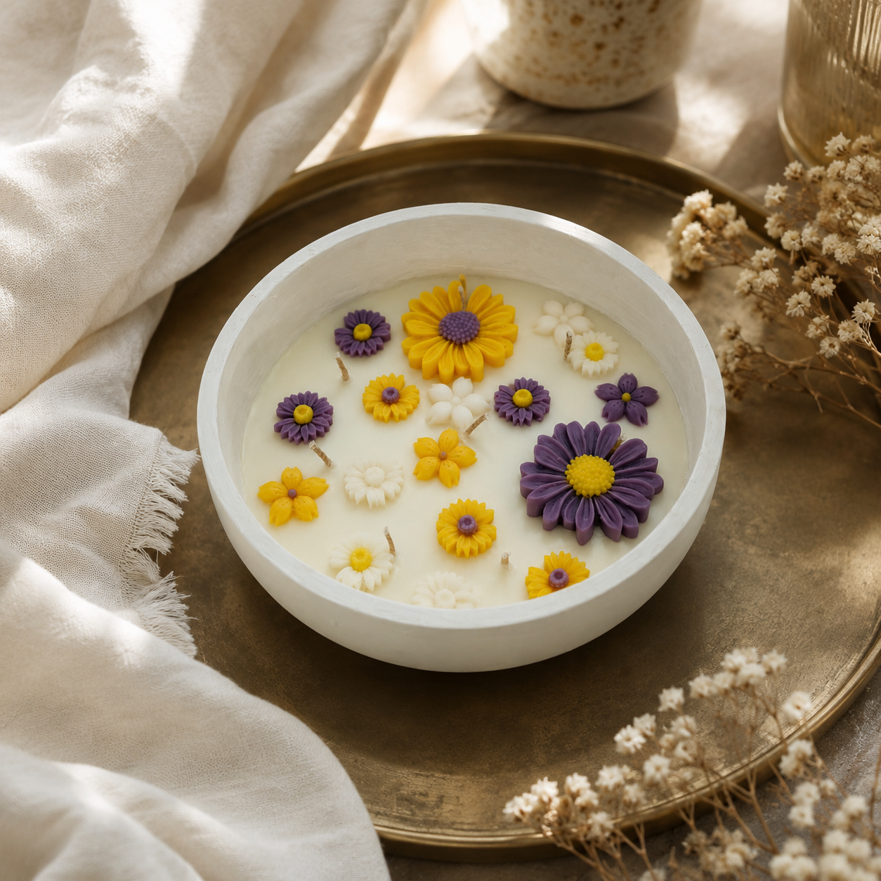 Floral Concrete Bowl Candle | Handmade Decorative Flower Candle for Home Décor & Gifting