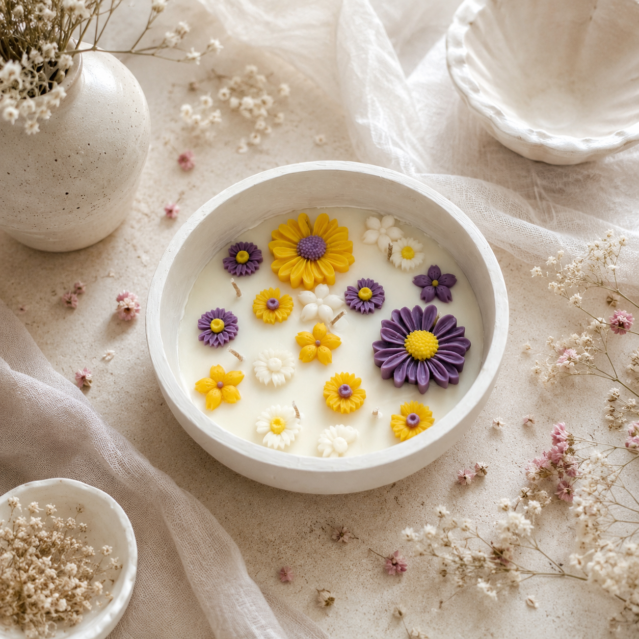 Floral Concrete Bowl Candle | Handmade Decorative Flower Candle for Home Décor & Gifting