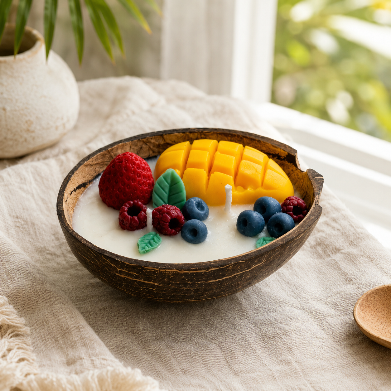 Tropical Coconut Shell Candle | Handmade Fruit-Themed Coconut Bowl Candle for Home Décor & Gifting