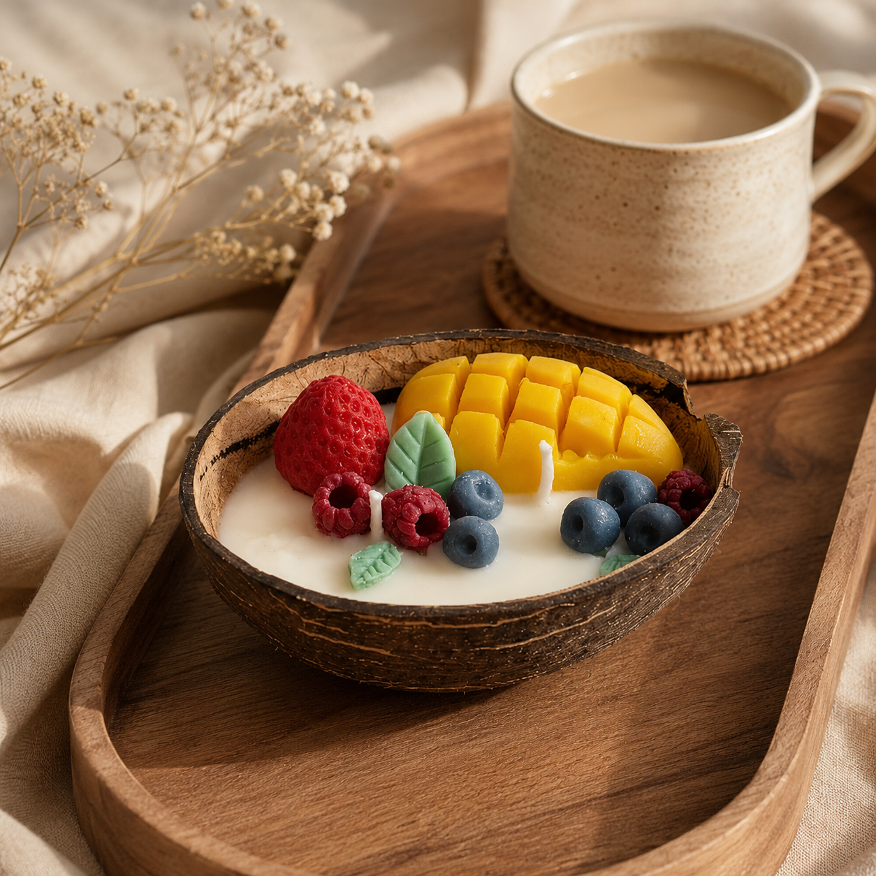 Tropical Coconut Shell Candle | Handmade Fruit-Themed Coconut Bowl Candle for Home Décor & Gifting