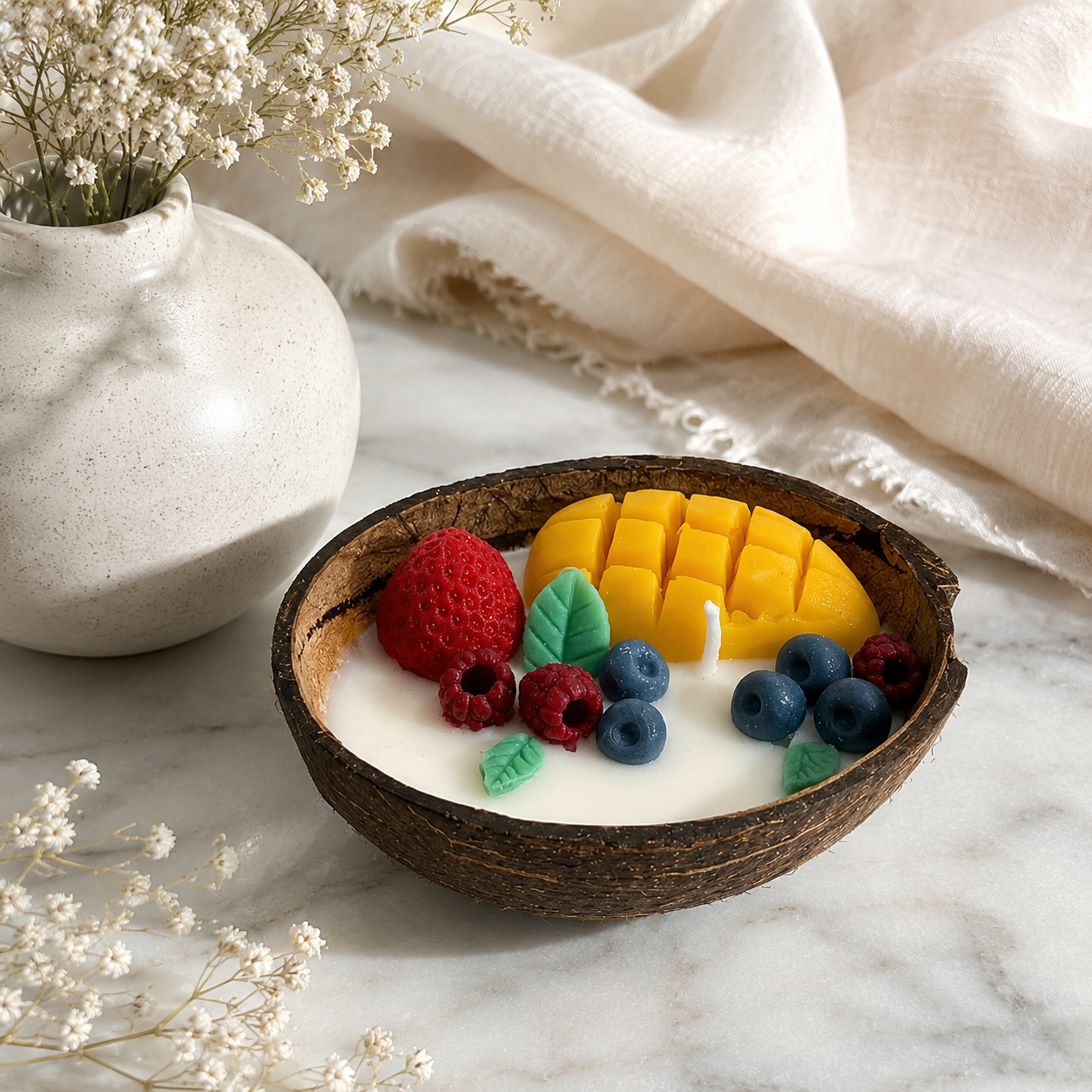 Tropical Coconut Shell Candle | Handmade Fruit-Themed Coconut Bowl Candle for Home Décor & Gifting