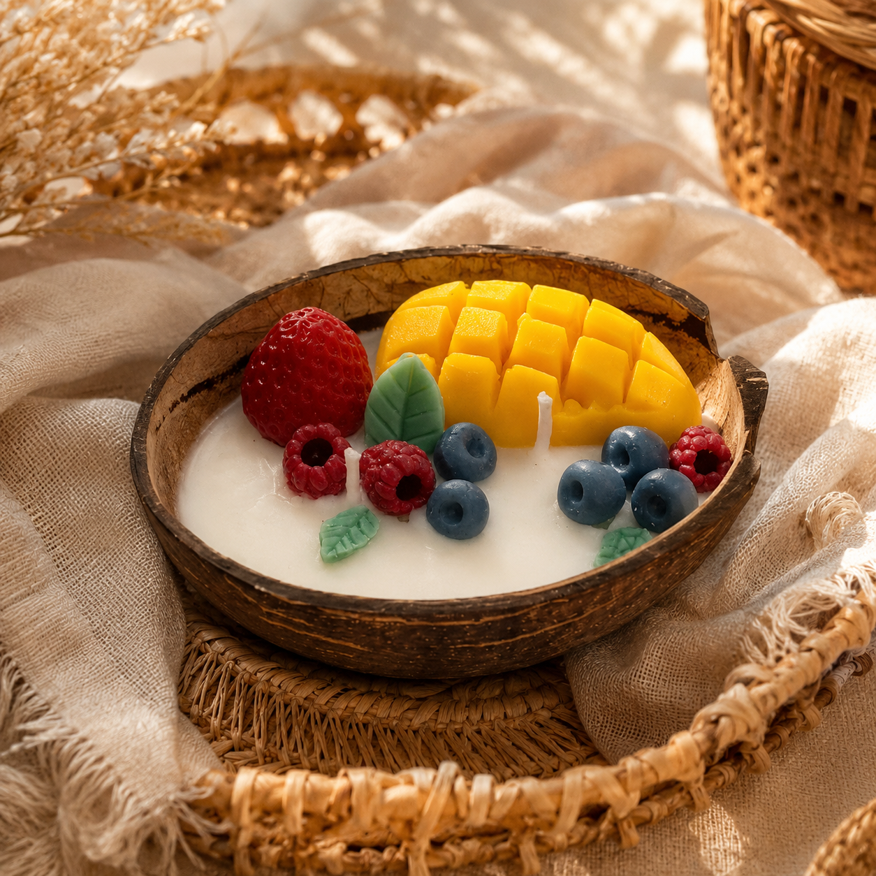 Tropical Coconut Shell Candle | Handmade Fruit-Themed Coconut Bowl Candle for Home Décor & Gifting