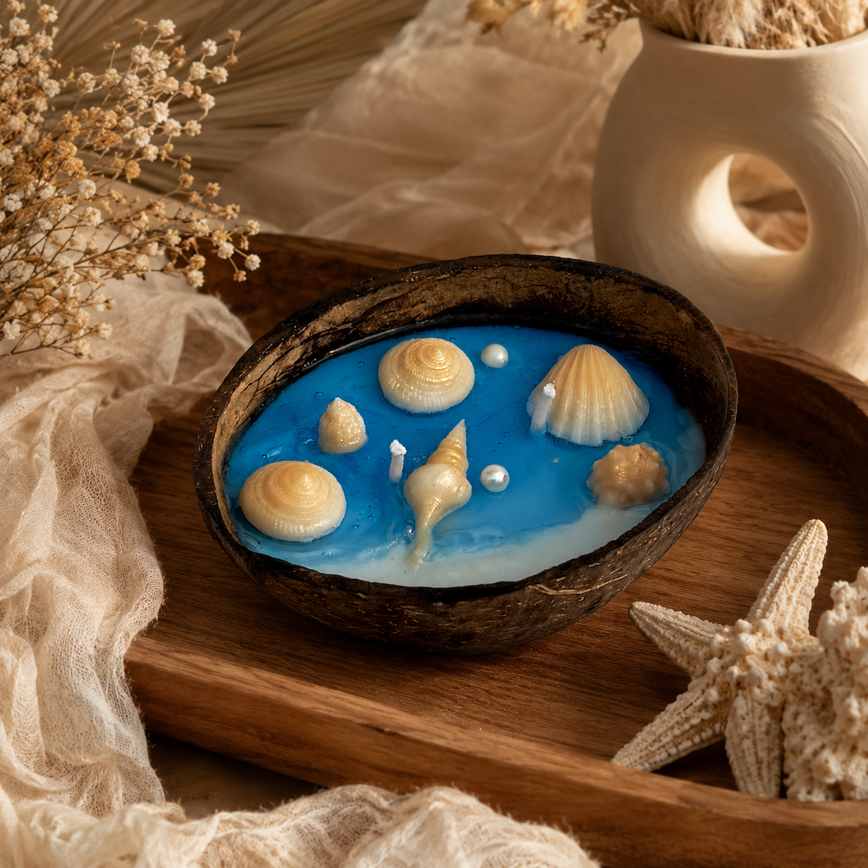 Ocean Breeze Coconut Shell Candle | Handmade Coastal-Themed Coconut Bowl Candle for Home Décor & Gifting