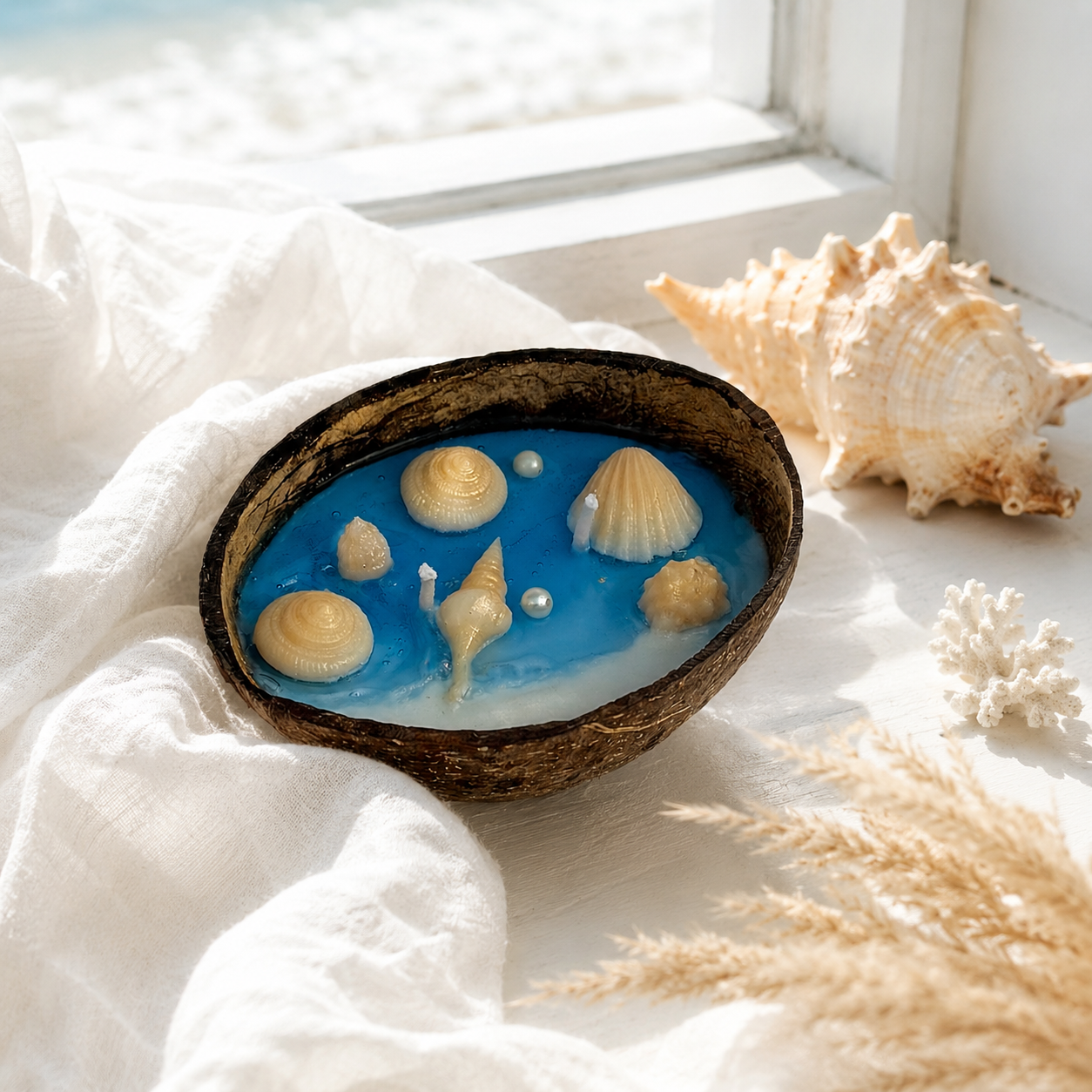 Ocean Breeze Coconut Shell Candle | Handmade Coastal-Themed Coconut Bowl Candle for Home Décor & Gifting