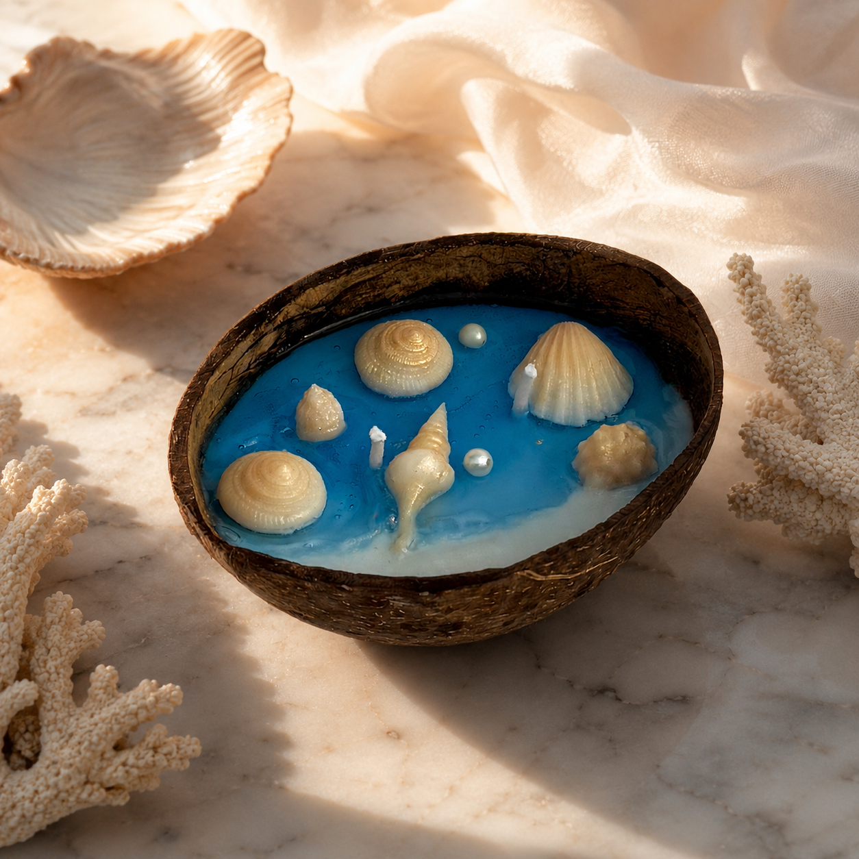 Ocean Breeze Coconut Shell Candle | Handmade Coastal-Themed Coconut Bowl Candle for Home Décor & Gifting