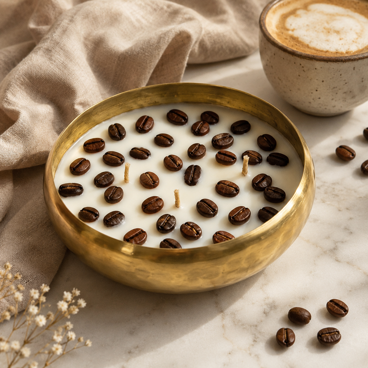 Coffee Bean Urli Candle | Handmade Coffee Scented Decorative Brass Bowl Candle