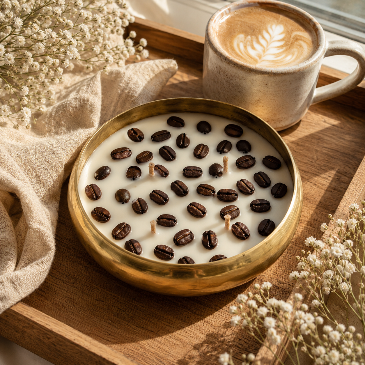 Coffee Bean Urli Candle | Handmade Coffee Scented Decorative Brass Bowl Candle