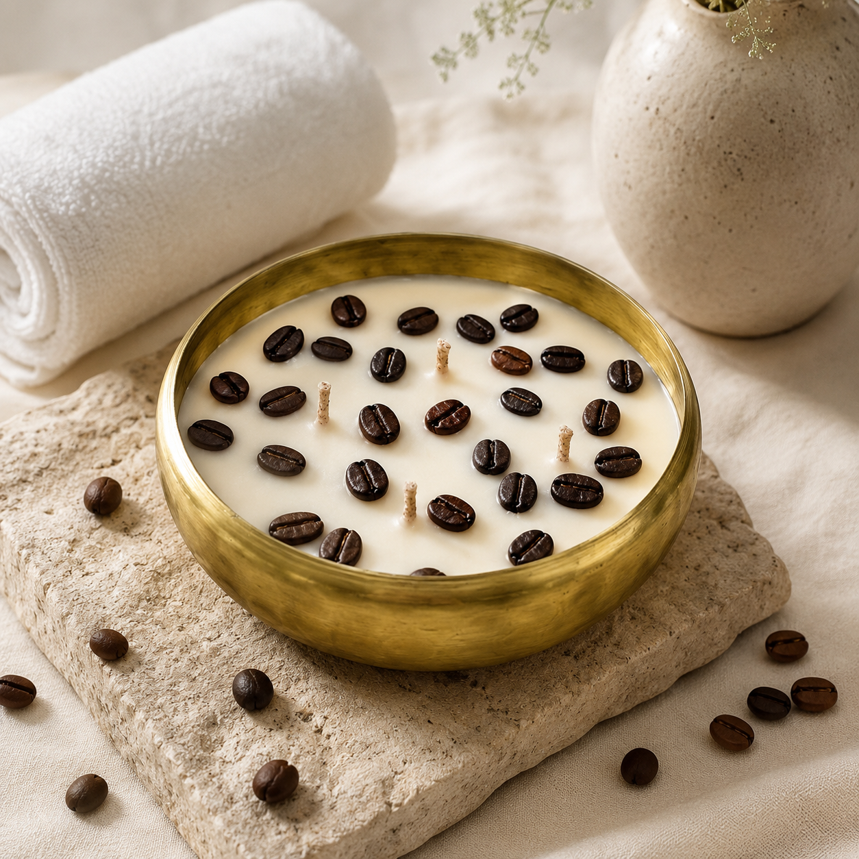 Coffee Bean Urli Candle | Handmade Coffee Scented Decorative Brass Bowl Candle