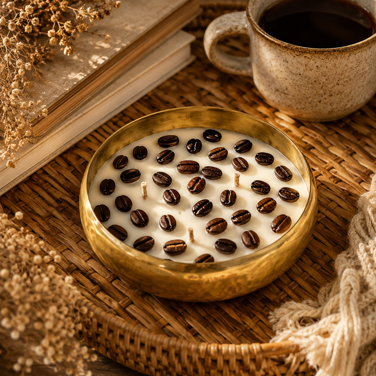 Coffee Bean Urli Candle | Handmade Coffee Scented Decorative Brass Bowl Candle
