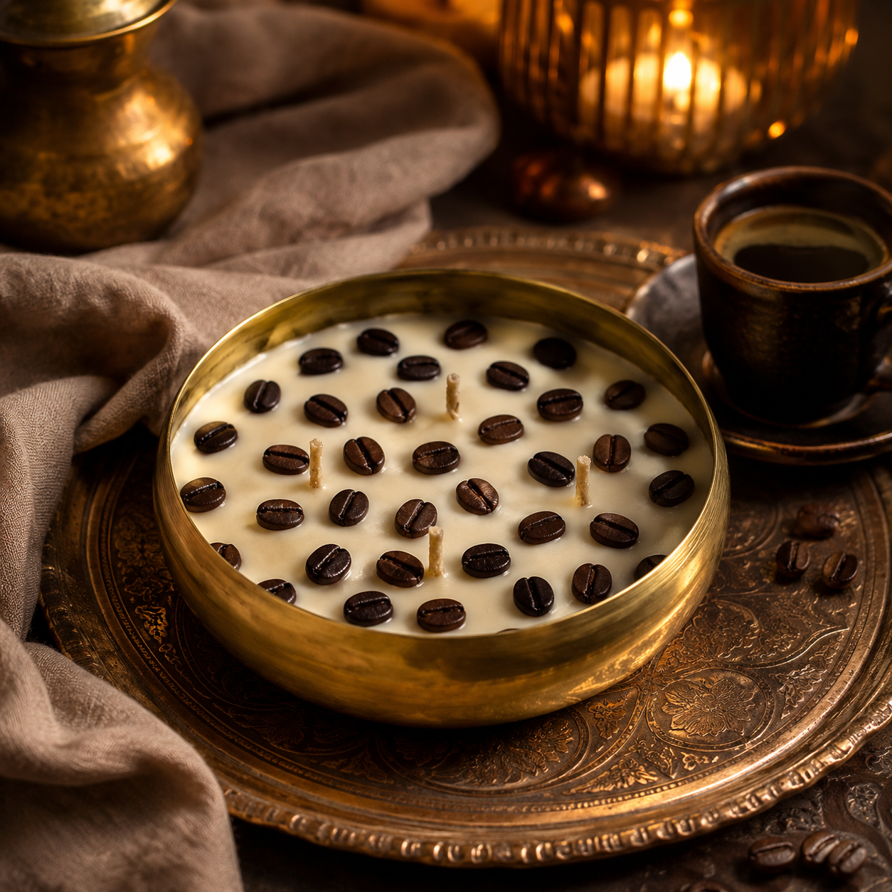 Coffee Bean Urli Candle | Handmade Coffee Scented Decorative Brass Bowl Candle