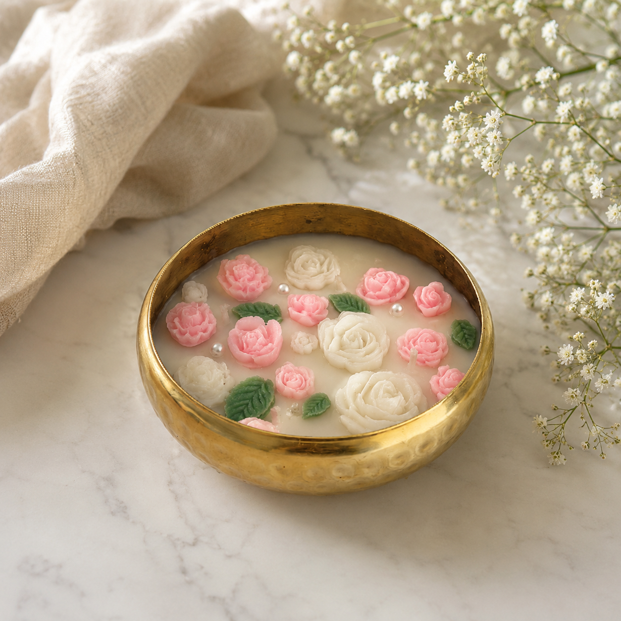Rose Garden Urli Candle | Handmade Floral Brass Bowl Candle for Home Décor & Gifting