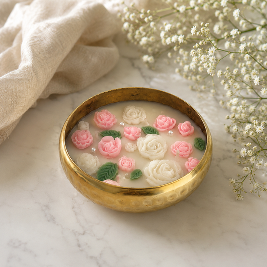 Rose Garden Urli Candle | Handmade Floral Brass Bowl Candle for Home Décor & Gifting