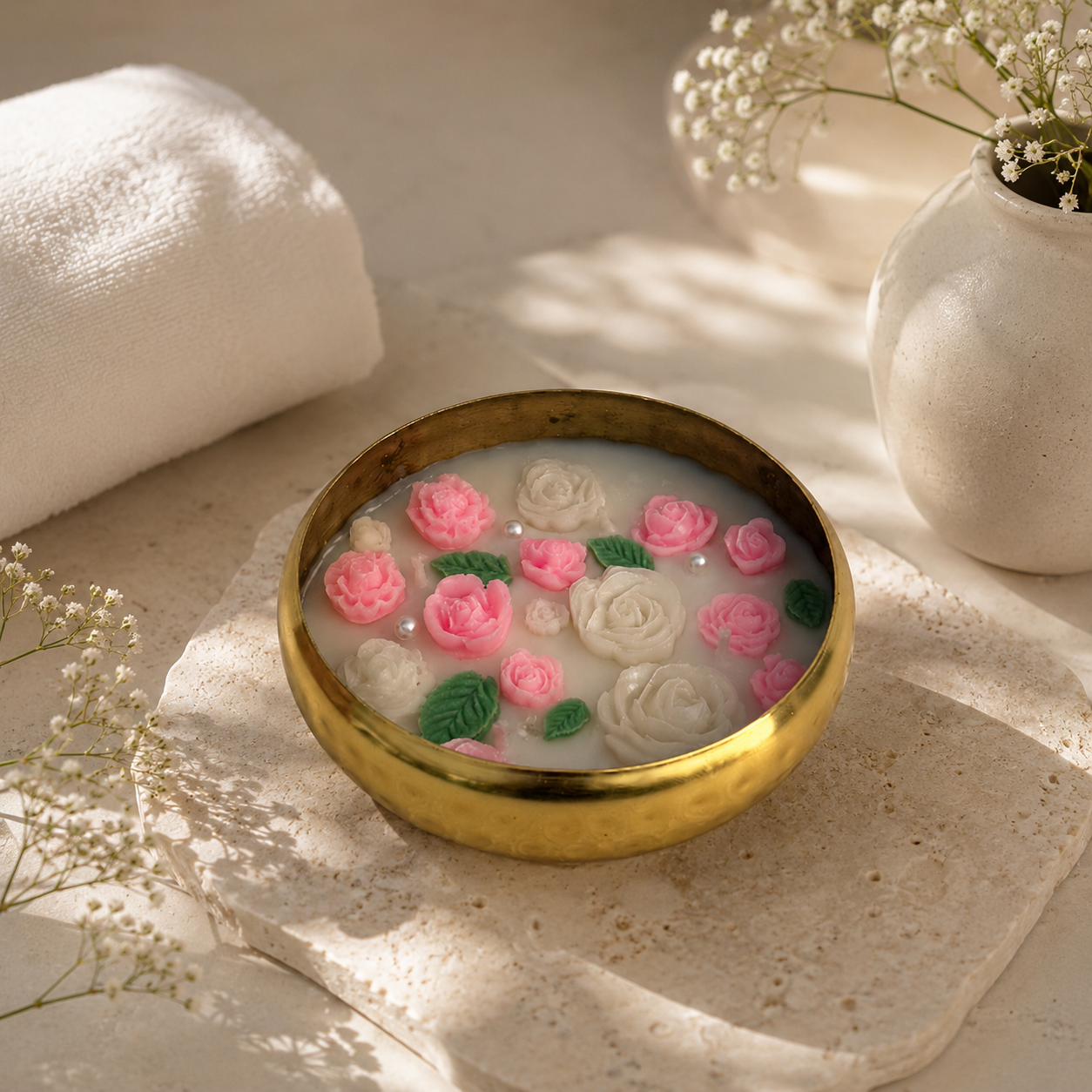 Rose Garden Urli Candle | Handmade Floral Brass Bowl Candle for Home Décor & Gifting