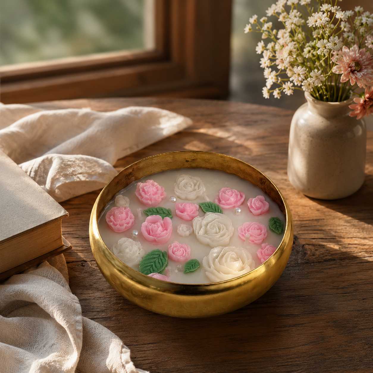 Rose Garden Urli Candle | Handmade Floral Brass Bowl Candle for Home Décor & Gifting