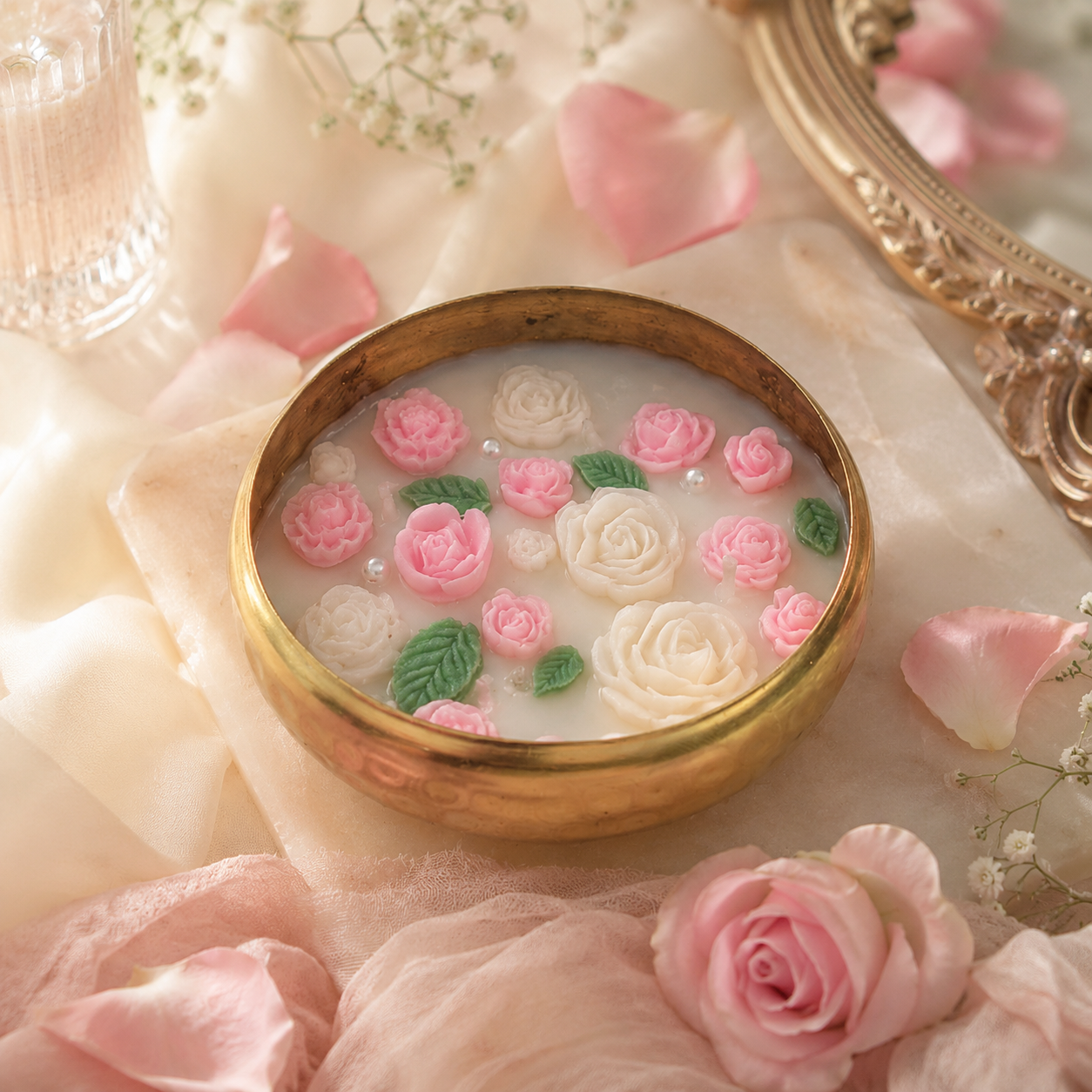 Rose Garden Urli Candle | Handmade Floral Brass Bowl Candle for Home Décor & Gifting