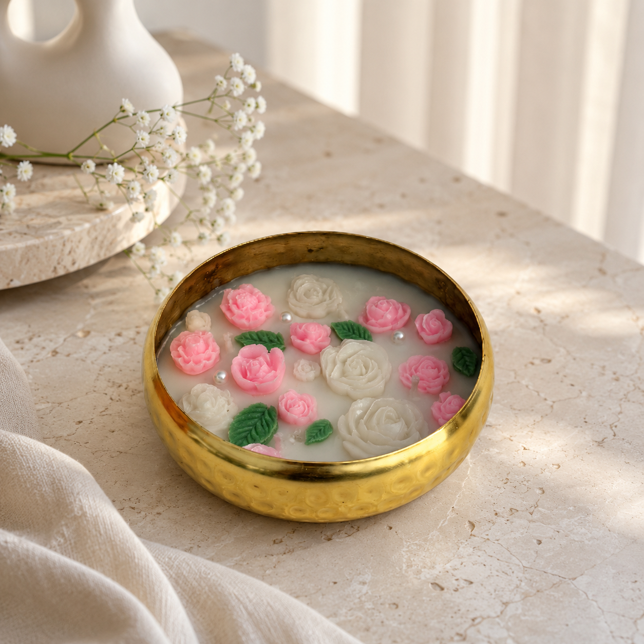 Rose Garden Urli Candle | Handmade Floral Brass Bowl Candle for Home Décor & Gifting
