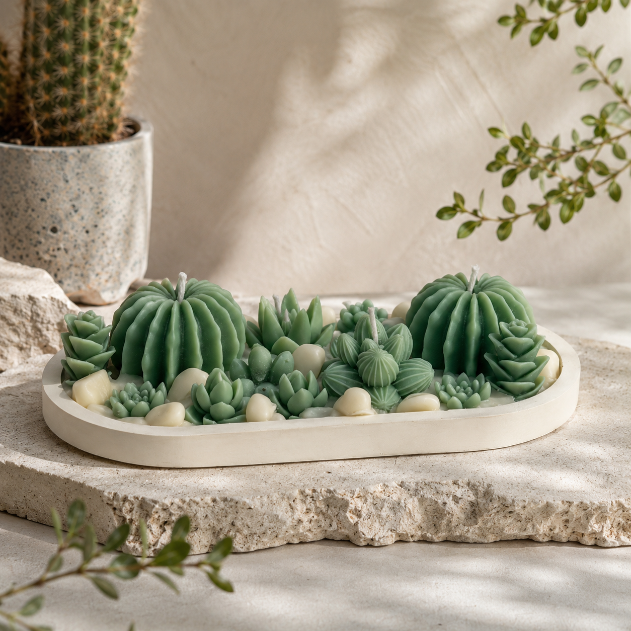 Succulent Garden Candle Tray | Handmade Cactus & Succulent Candle in Reusable Decorative Tray