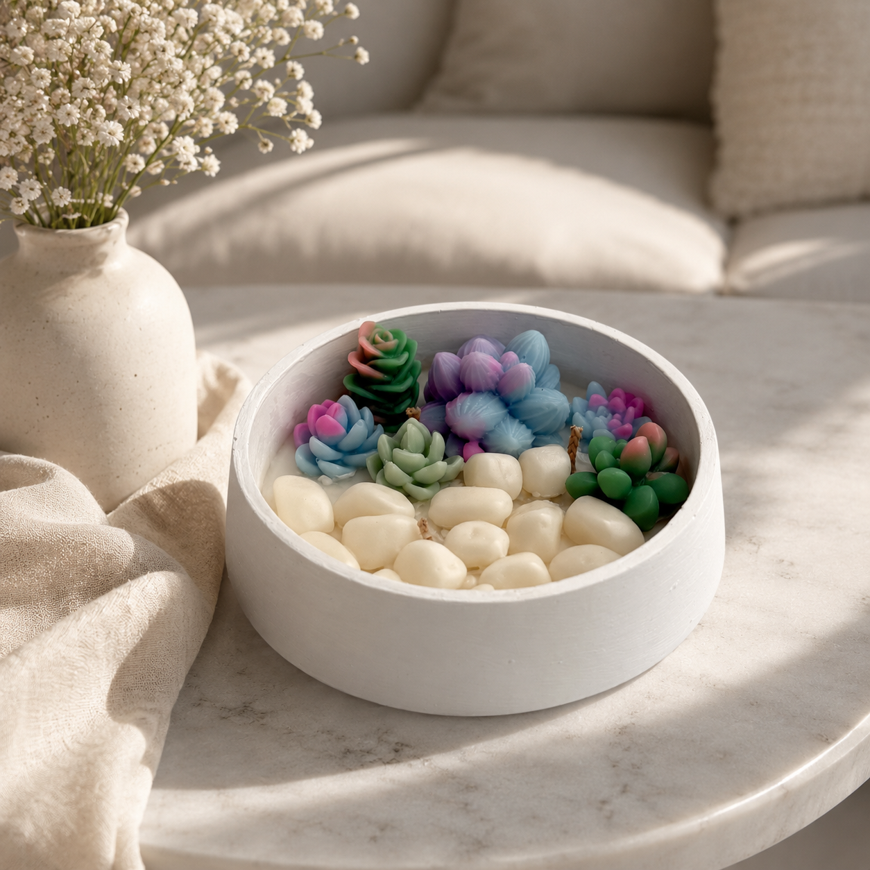 Succulent Garden Candle Concrete Bowl | Handmade Decorative Candle for Home Décor & Gifting