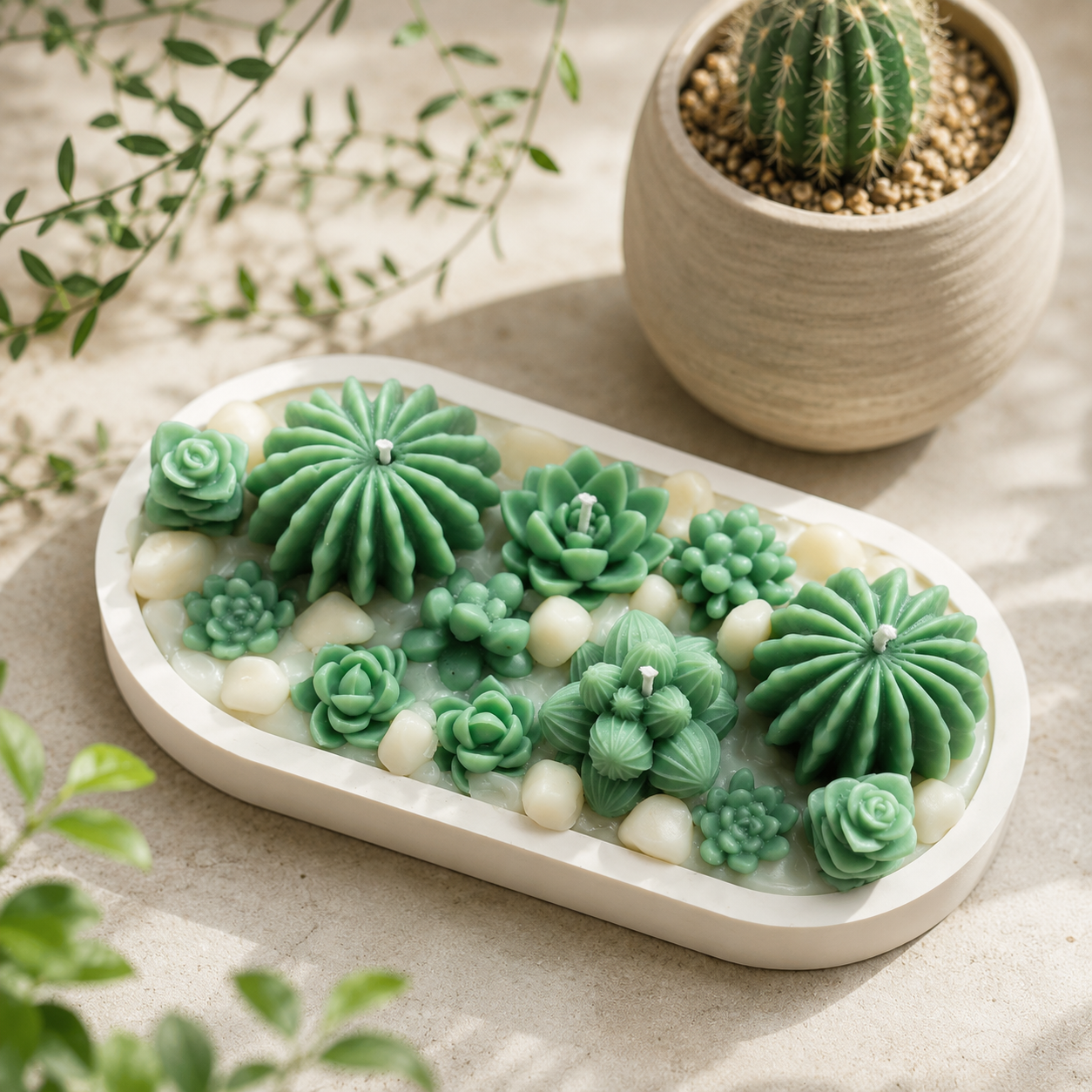 Succulent Garden Candle Tray | Handmade Cactus & Succulent Candle in Reusable Decorative Tray