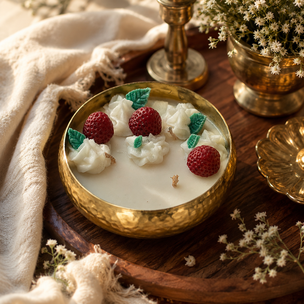 Strawberry Urli Candle in Brass Bowl | Handmade Dessert-Inspired Decorative Candle