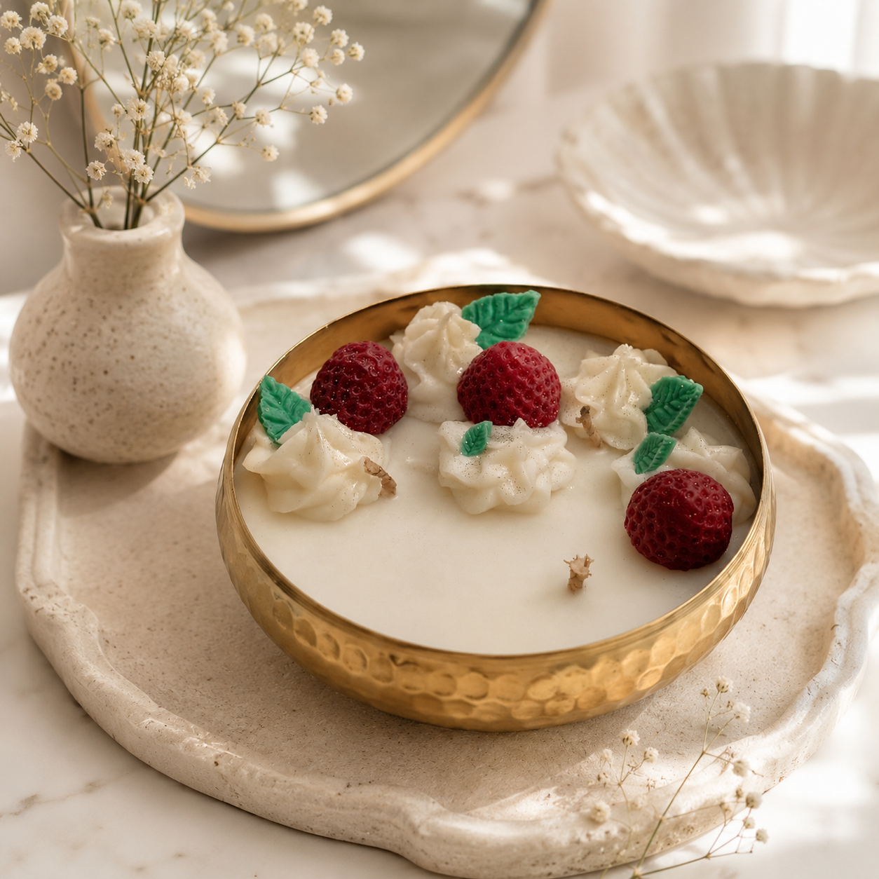 Strawberry Urli Candle in Brass Bowl | Handmade Dessert-Inspired Decorative Candle