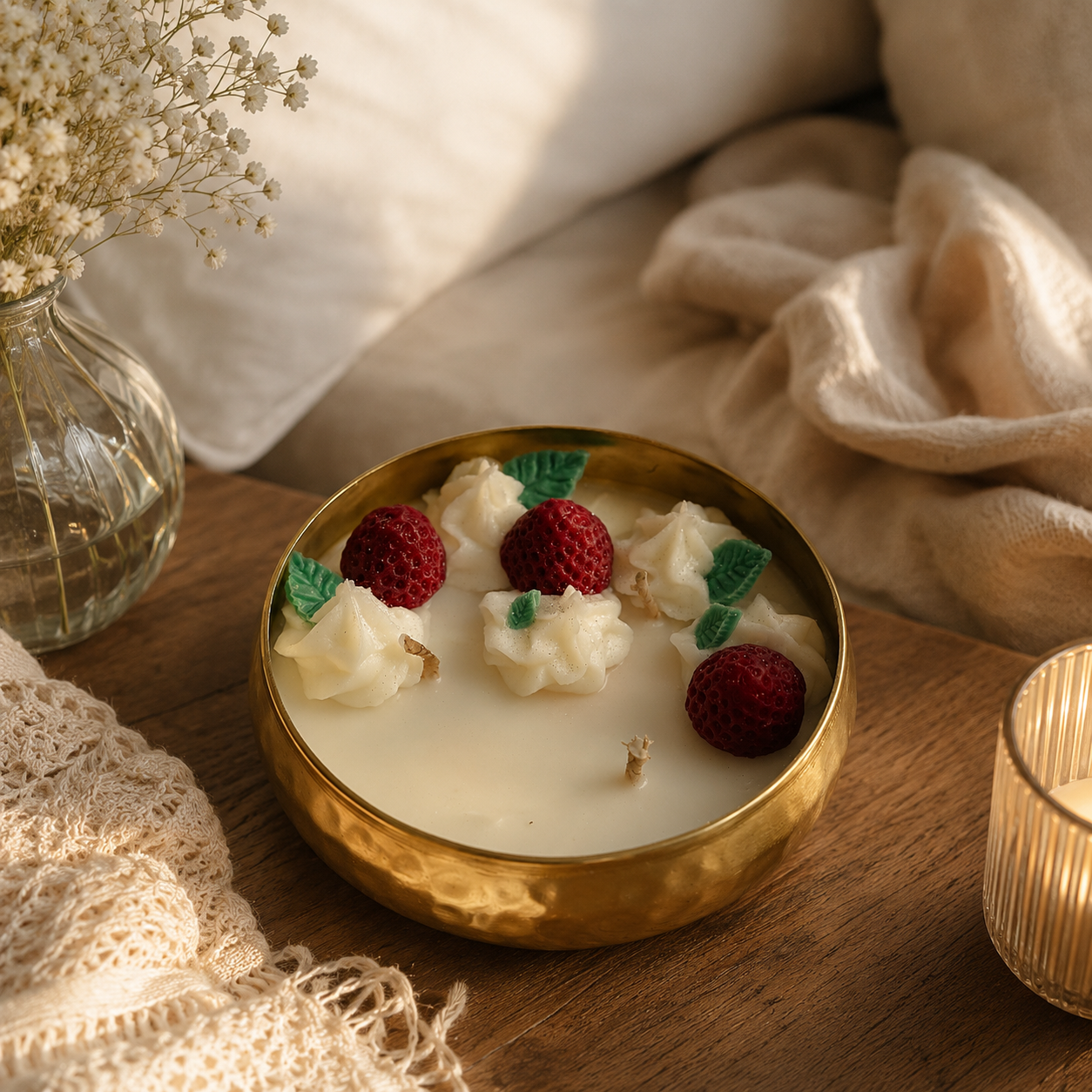 Strawberry Urli Candle in Brass Bowl | Handmade Dessert-Inspired Decorative Candle