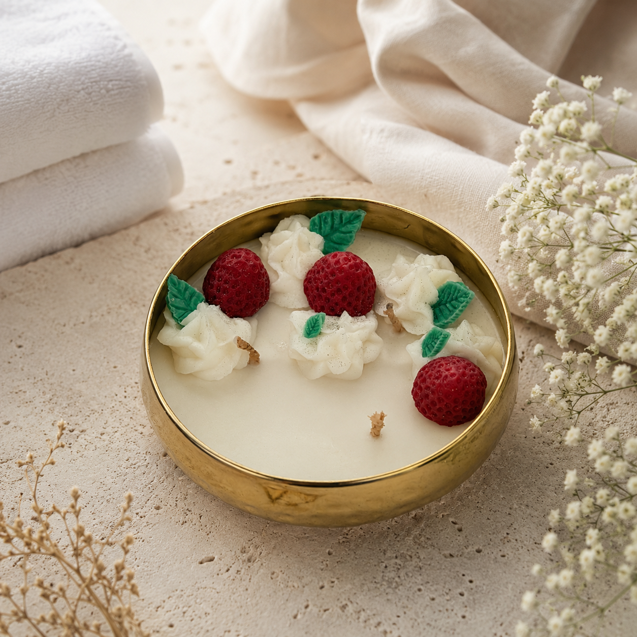 Strawberry Urli Candle in Brass Bowl | Handmade Dessert-Inspired Decorative Candle