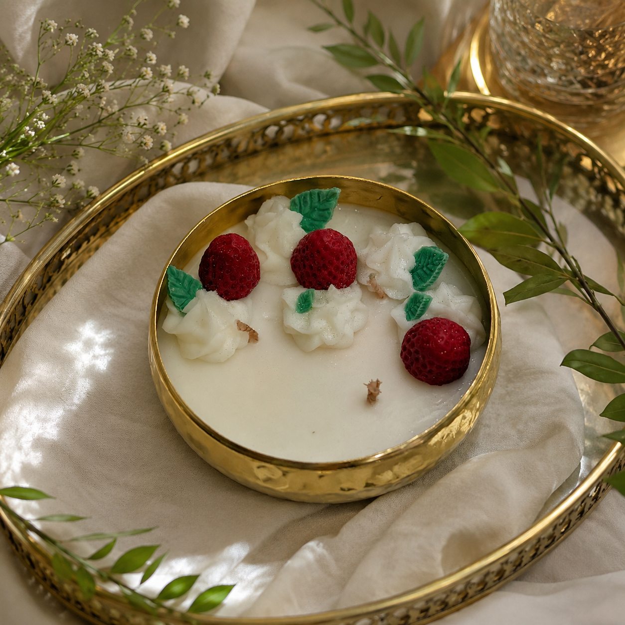 Strawberry Urli Candle in Brass Bowl | Handmade Dessert-Inspired Decorative Candle
