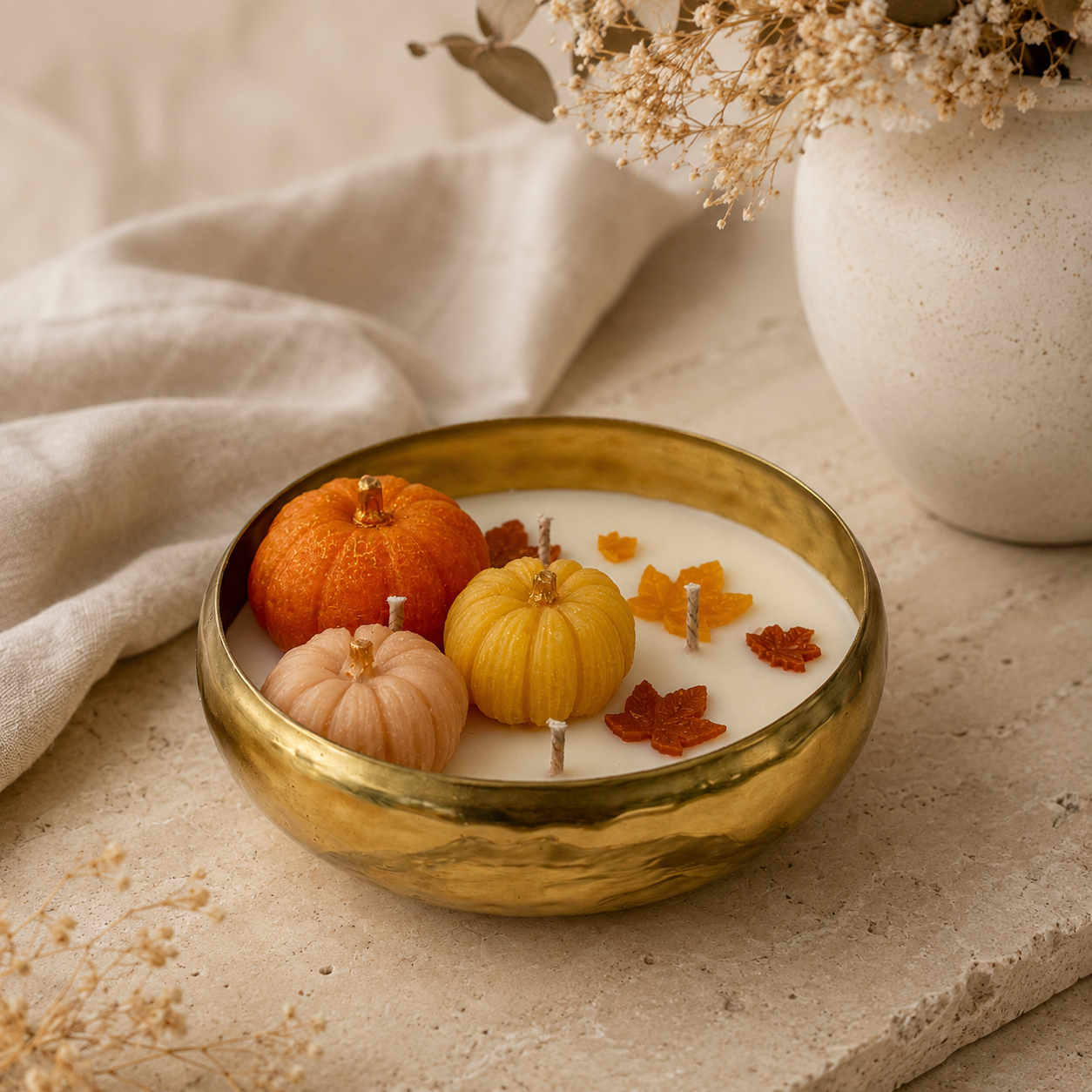 Autumn Pumpkin Urli Candle – Handmade Festive Brass Bowl Candle