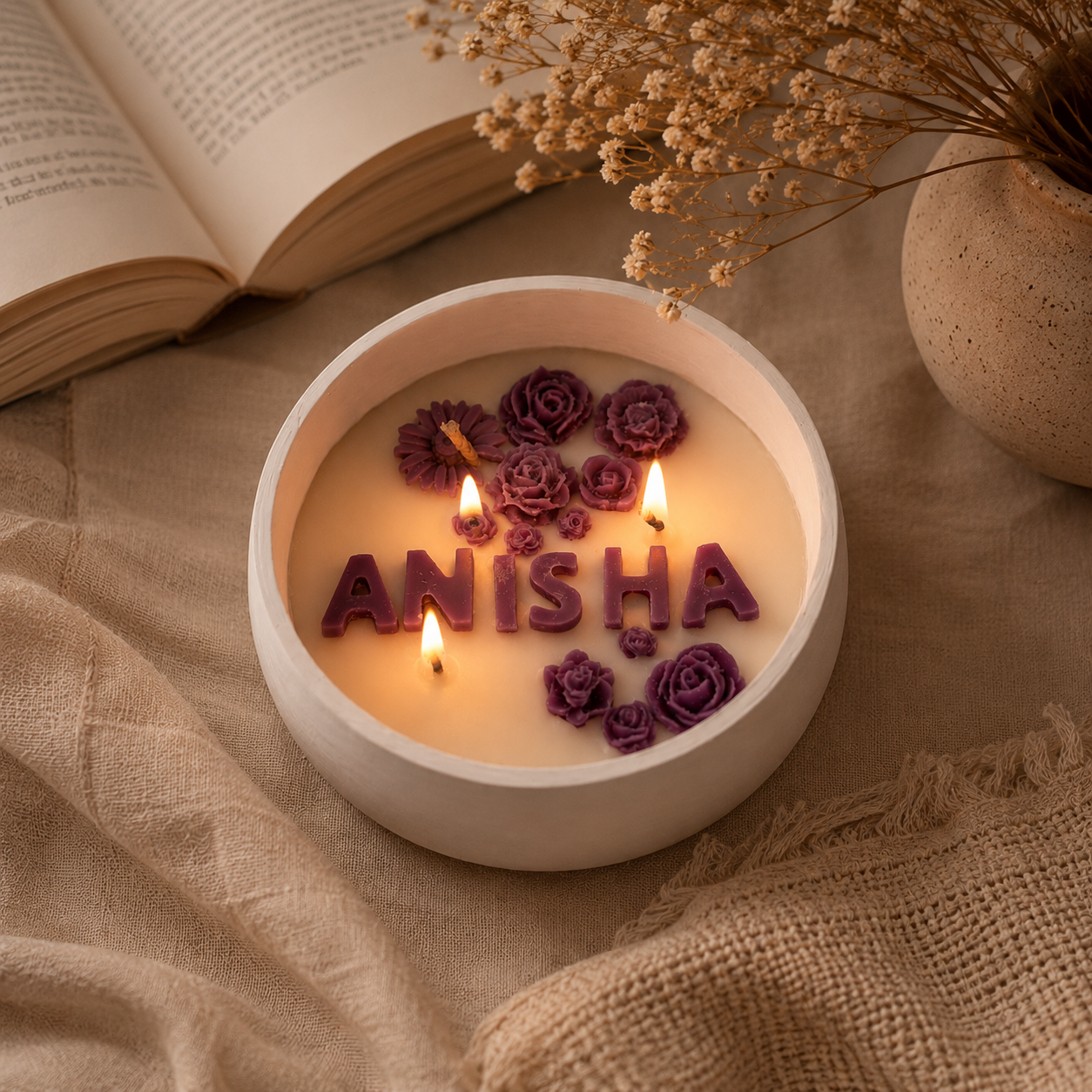Personalised Name Candle in Handmade Floral Bowl | Custom Gift