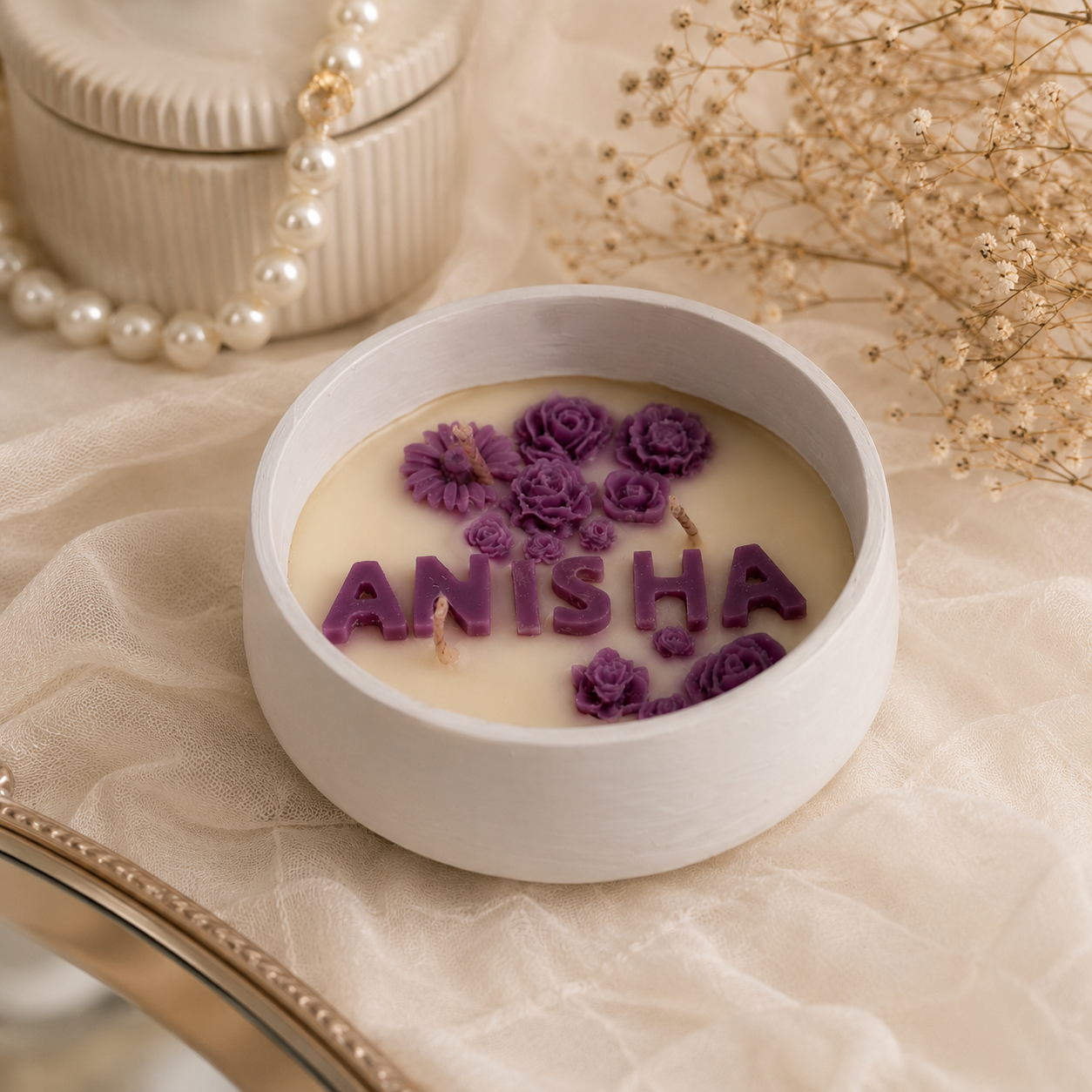 Personalised Name Candle in Handmade Floral Bowl | Custom Gift