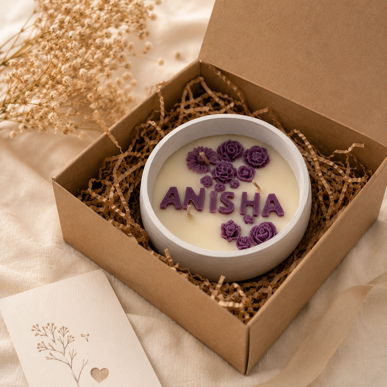 Personalised Name Candle in Handmade Floral Bowl | Custom Gift